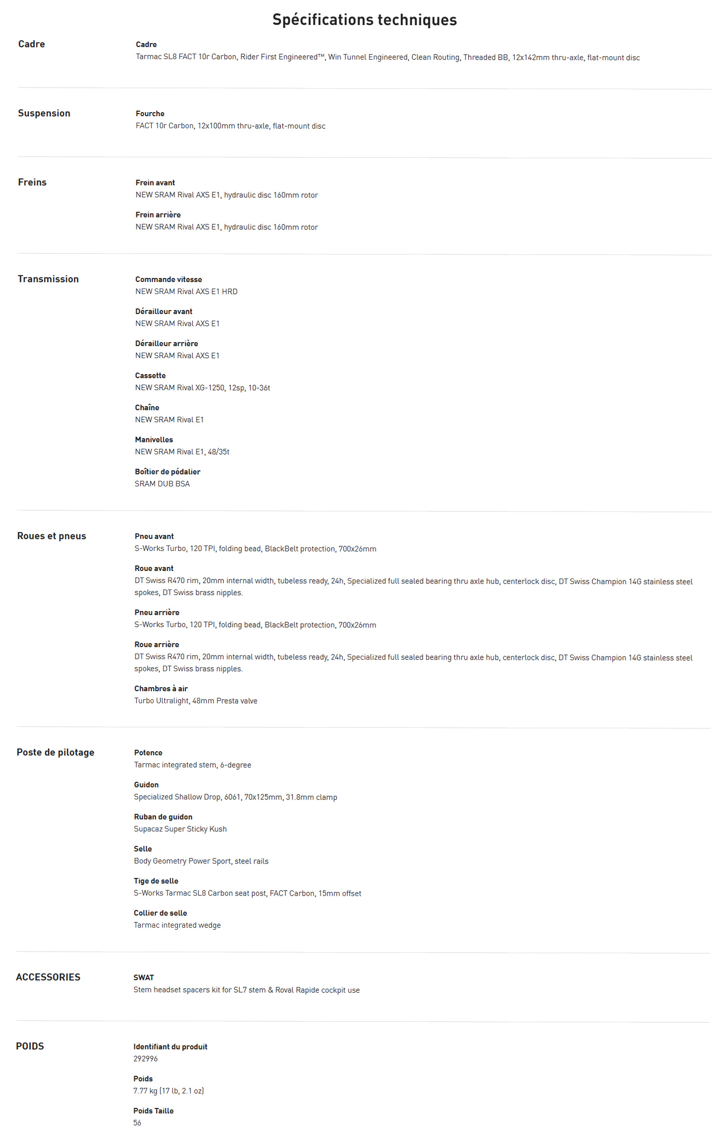 Caracteristique technique du vélo Tarmac SL8 Comp SRAM Rival AXS année 2026